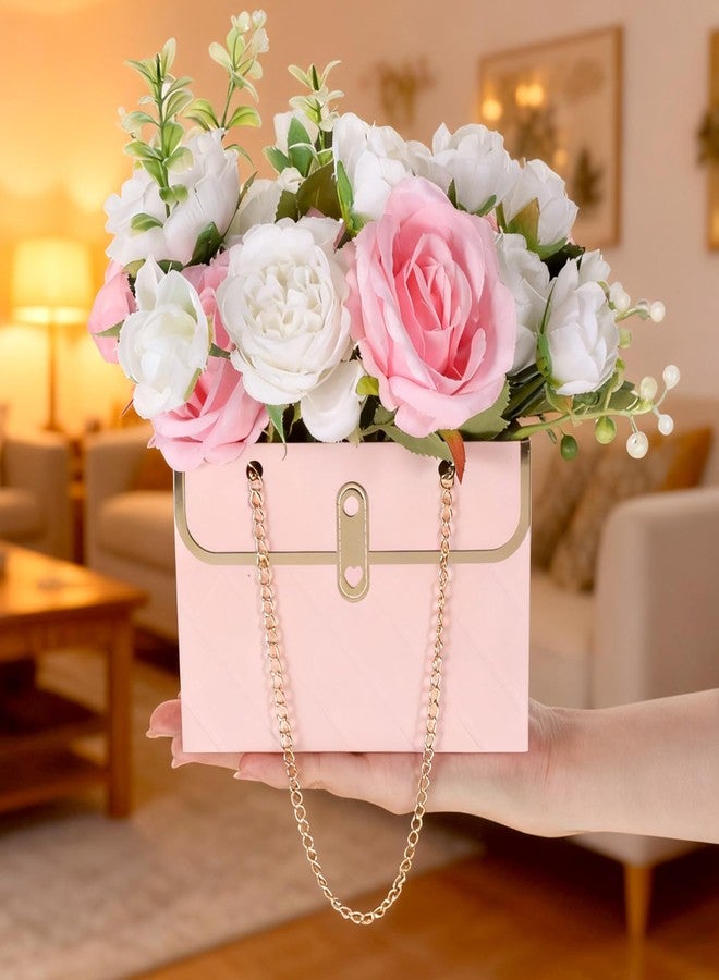 Gtziqa 4 Pcs Flower Paper Gift Box Bouquet Storage Bucket, Flower Boxes Wedding Florist Handbag with Metal Chain, Floral Craft Wrap Bag for Arrangements Valentine's Day Birthday Mother's Day (Pink White) - Image 4